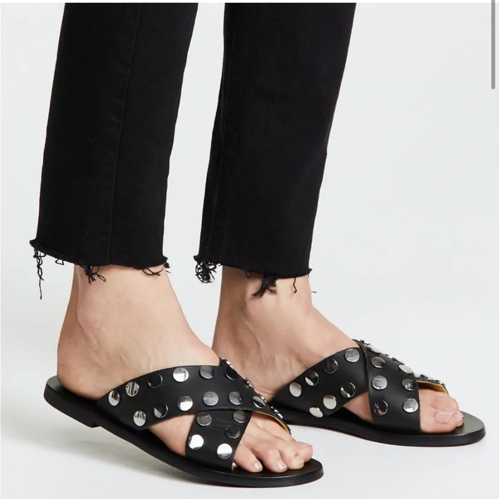 NWOT Sol Sana Black Genuine Leather Studded Crossover Sandals Size 37/7 Revolve - Picture 2 of 9